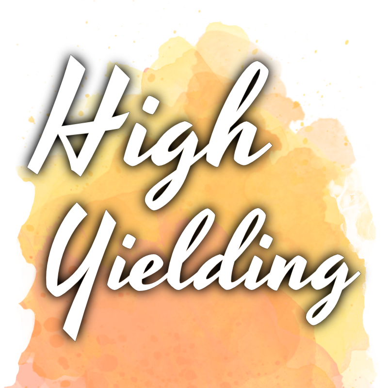 The image displays the words High Yielding in a bold, white script font over a watercolor background in shades of orange and yellow, perfect for promoting high yield cannabis seeds.