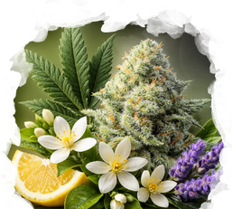 A close-up of a cannabis bud—possibly Original Glue—surrounded by green leaves, white flowers, a slice of lemon, and sprigs of lavender, all artistically arranged against a soft green background.