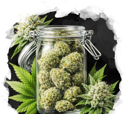 A glass jar filled with Nicole Kush cannabis buds, surrounded by cannabis leaves and additional buds, displayed on a dark background with a decorative white border.